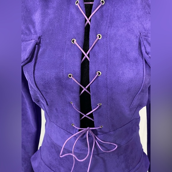 RENDOLL LAGOS Faux Suede Lace Up Sheath Mini Dress Long Sleeve Mock Neck US 6 - Picture 9 of 12